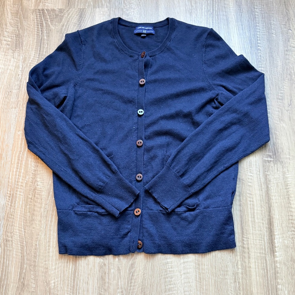 Gap‎ Cashmere Blend Cardigan Womens Large Navy Classic Knit Sweater